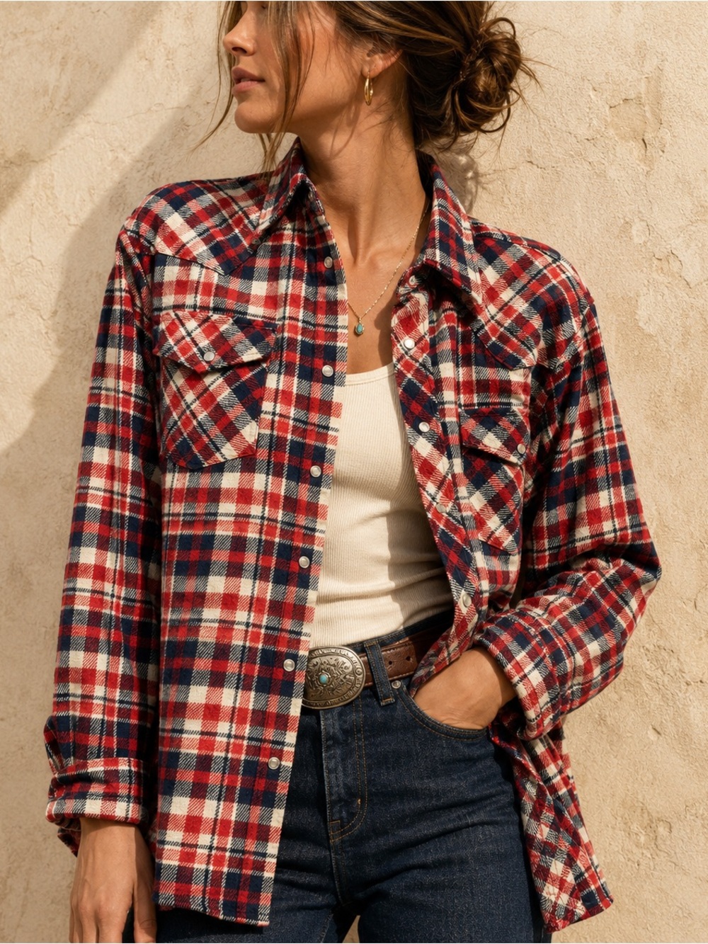 70s Vintage Sears Western Pearl Snap Plaid Flannel Shirt 17½ XL